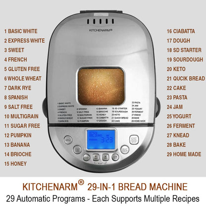 KITCHENARM 29-in-1 SMART Bread Machine with Gluten Free Setting 2LB 1.5LB 1LB Bread Maker Machine with Homemade Cycle - Stainless Steel Breadmaker with Recipes Whole Wheat Bread Making Machine
