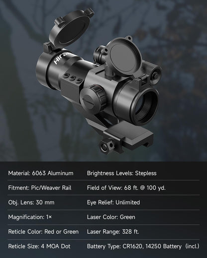Hiram 1X30 4 MOA Green Red Dot Sight for Rifles with Green Laser, Picatinny Cantilever PEPR Mount