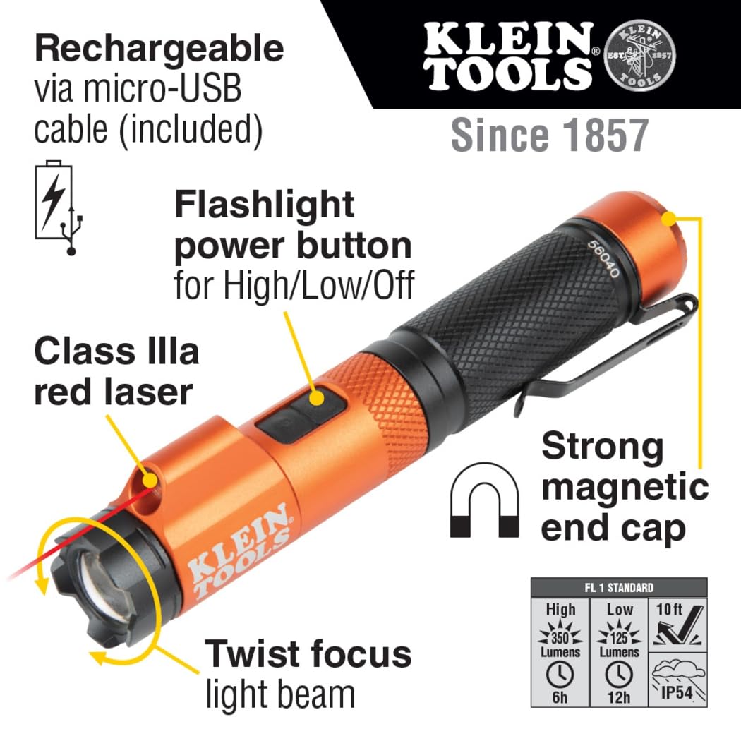 Klein Tools 56040 Magnetic LED Flashlight, 350 Lumen Rechargeable Flashlight, Twist Focus, Laser Pointer, Hands-Free, USB Charging Cable, for Work and Outdoor