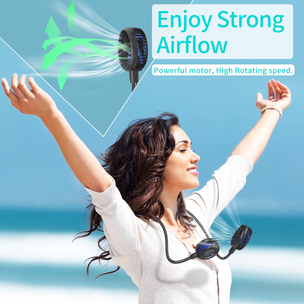 HandFan 10000mAh Neck Fan, 360° Rotation Hands Free Portable Fans for your Neck, 48h Lasting Rechargeable Battery Operated Wearable Necklace Personal Cool Fans for Travel/Disney/Sports/Cycling/Hiking