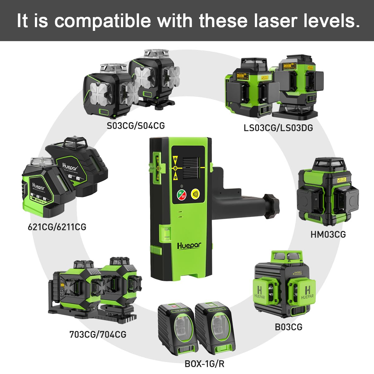 Huepar Laser Detector LR-6RG for Laser Level, Compatible with Huepar & Pro Laser Levels with Pulse Mode Only, Detect Green&Red Beams Laser Receiver, Up to 200Ft, Three-Side LED Display, Clamp Included