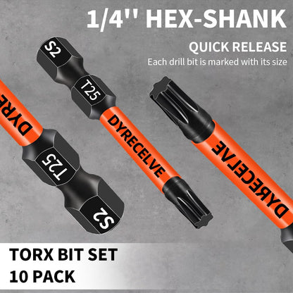10-Pack T25 Torx Bits for Impact Driver, T-25 Torx/Star Bit Set 2'' Long, Magnetic Torque Head, Premium S2 Alloy Steel, 1/4'' Hex-Shank for Professional & DIY Use