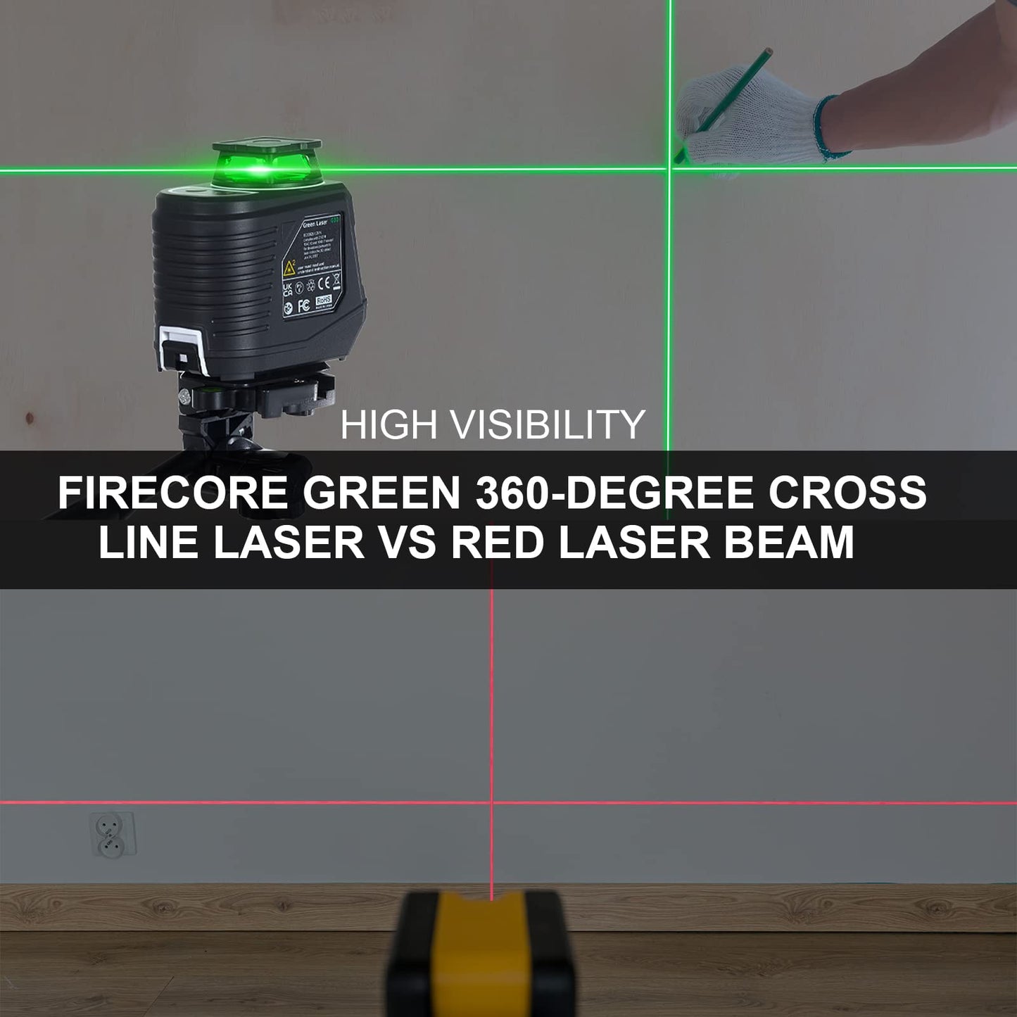 Laser Level with Tripod, Firecore 360° Self Leveling Cross Line Laser Level with Pluse Mode, Green Lazer Leveler tool for Hanging Pictures Wall Tile Construction, L-Bracket & Carry Pouch Included