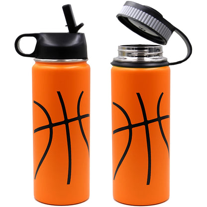 18 oz Basketball Water Bottle, Metal Travel Tumbler Sports Flask with 2 Lids, Stainless Steel Double Wall Vacuum Leakproof Insulated Water Bottles, Basketball Accessories Gifts for Boys Girls Player