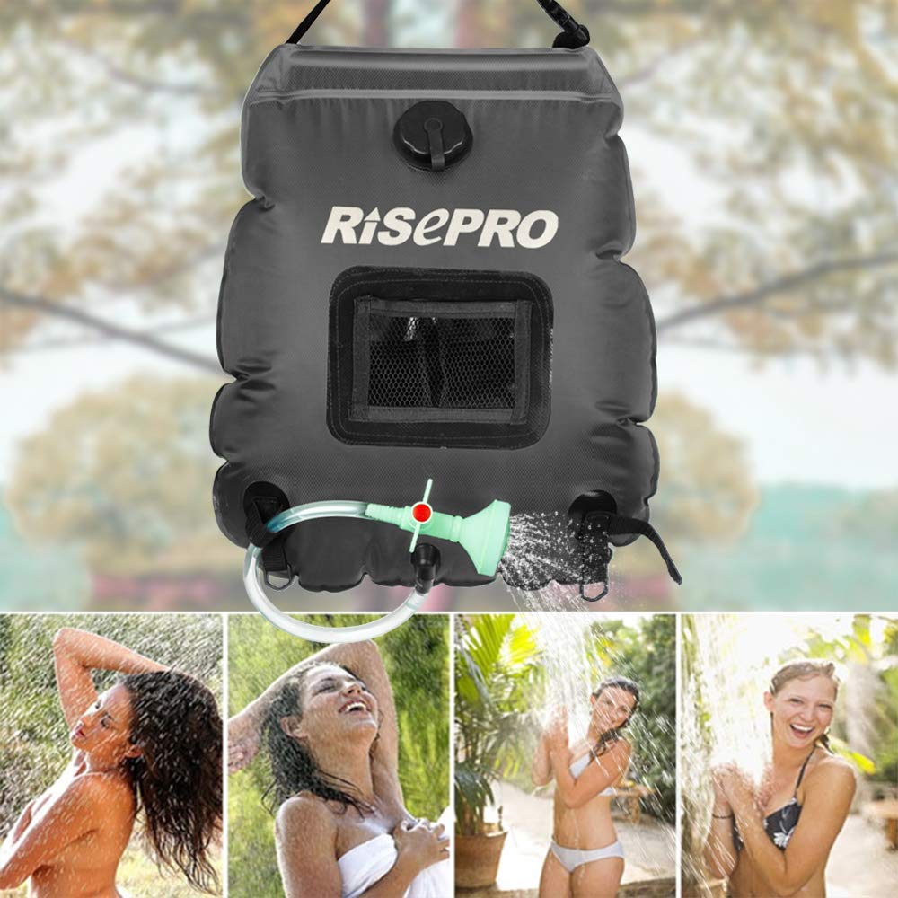 RISEPRO Solar Shower Bag, 5 gallons/20L Solar Heating Premium Camping Shower Bag Hot Water with Temperature 45°C Removable Hose on/Off Switchable Shower Head Hiking Climbing Summer Shower BK