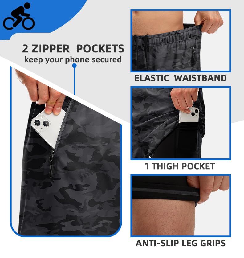 Men's Mountain Bike Shorts 3D Padded Loose-fit Biking Riding Cycling Bicycle Biker Cycle Padding Shorts for Men Zipper Pockets(Camo Black,L)