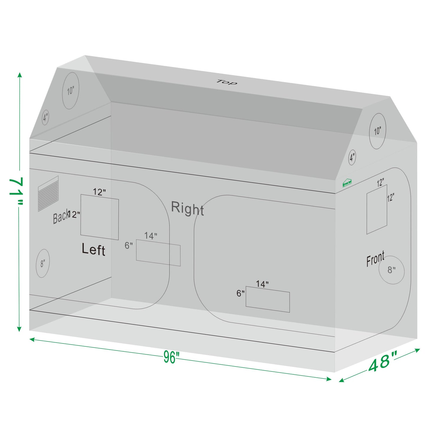 Green Hut 96"x48"x72" Roof Cube Grow Tent with Observation Windows, Lightproof, Mylar Hydroponic Tent with Floor Tray for Indoor Plant Growth