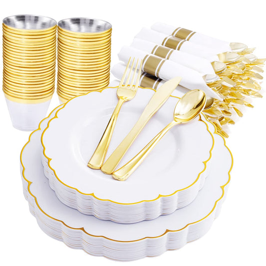 Morejoy 175PCS Gold Plastic Plates，White Gold Disposable Plates with Pre Rolled Napkins:25 Dinner Plates,25 Dessert Plates,25 Spoons,25 Forks,25Knives,25Cups,25Napkins for Party & Father's Day