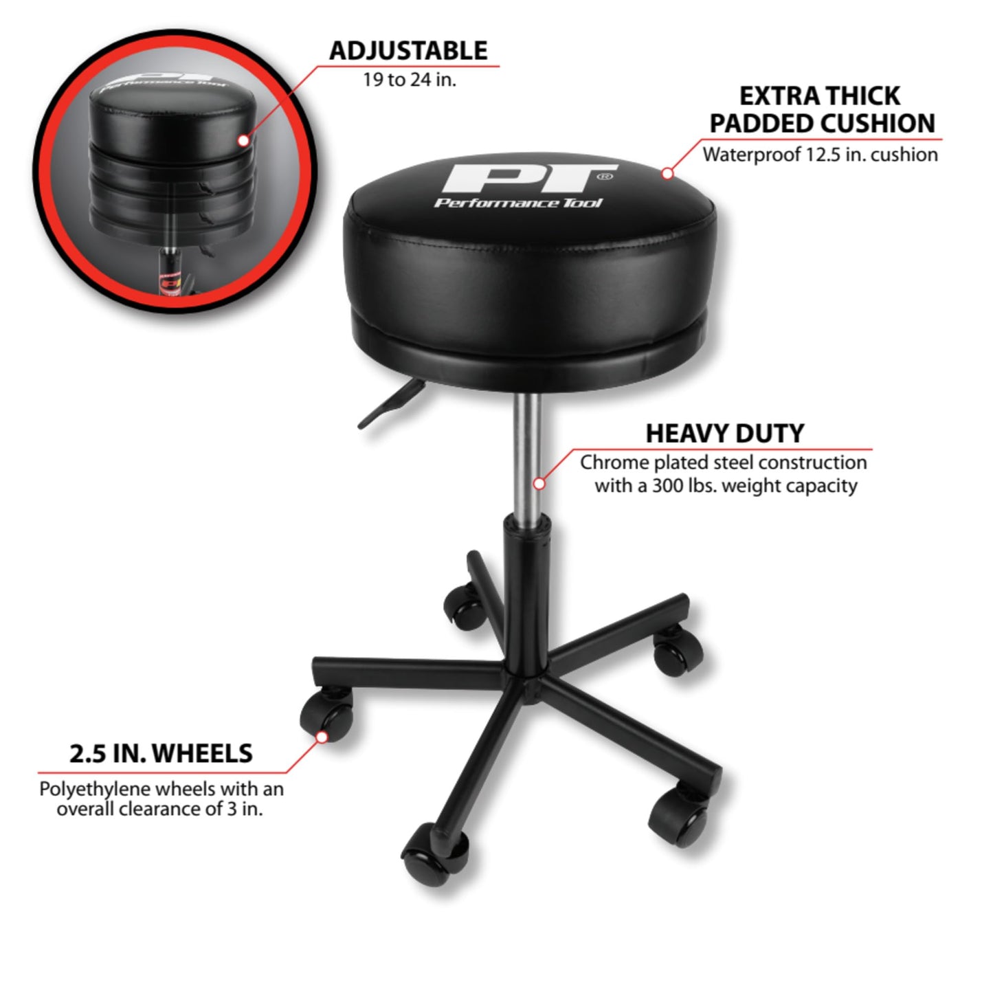 Performance Tool W85033 Extra-Thick Big Top Pneumatic Rolling Shop Stool for Mechanic Garages and Workshops, Black, 19x19x18.5-Inches