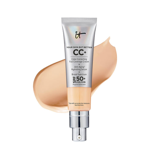 IT Cosmetics CC+ Cream (Light Medium) - Full-Coverage Foundation With SPF 50, Color Corrector & Anti-Aging Serum, Formulated With Niacinamide & Hyaluronic Acid, Natural Finish, 1.08 fl oz