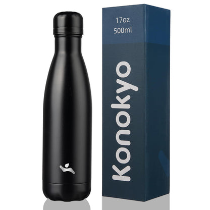Konokyo Insulated Water Bottles,17 oz Double Wall Stainless Steel Vacumm Metal Flask for Sports Travel,Midnight Black