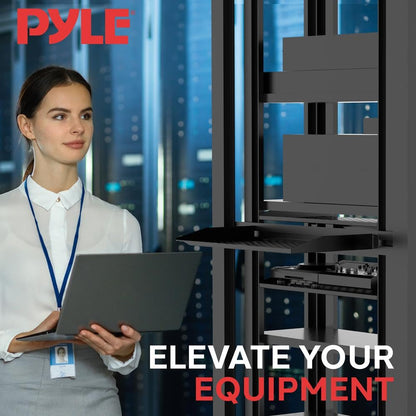 Pyle 2-Pc 1U Server Rack Shelf, Vented Shelves for Good Air Circulation, Cantilever Mount, Wall Mount Rack, Universal Device, Cabinet Shelf, Computer Case Mounting Tray, Black-Pyle PLRSTN14UX2