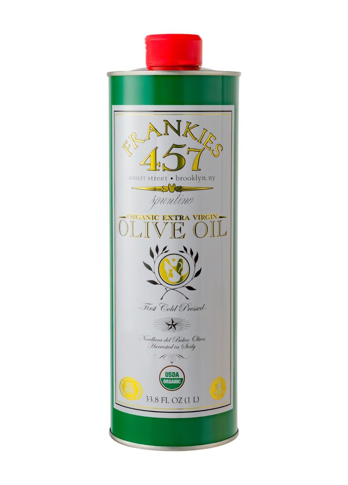 Frankies 457 Organic Extra Virgin Olive Oil - Premium Castelvetrano Olive Oil - Harvested in Sicily - Pure Authentic Italian - Monovarietal - Rich in Flavor - First Cold Pressed - 33.8 fl oz (1 L)