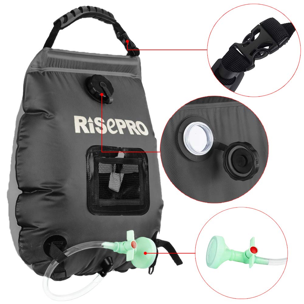 RISEPRO Solar Shower Bag, 5 gallons/20L Solar Heating Premium Camping Shower Bag Hot Water with Temperature 45°C Removable Hose on/Off Switchable Shower Head Hiking Climbing Summer Shower BK