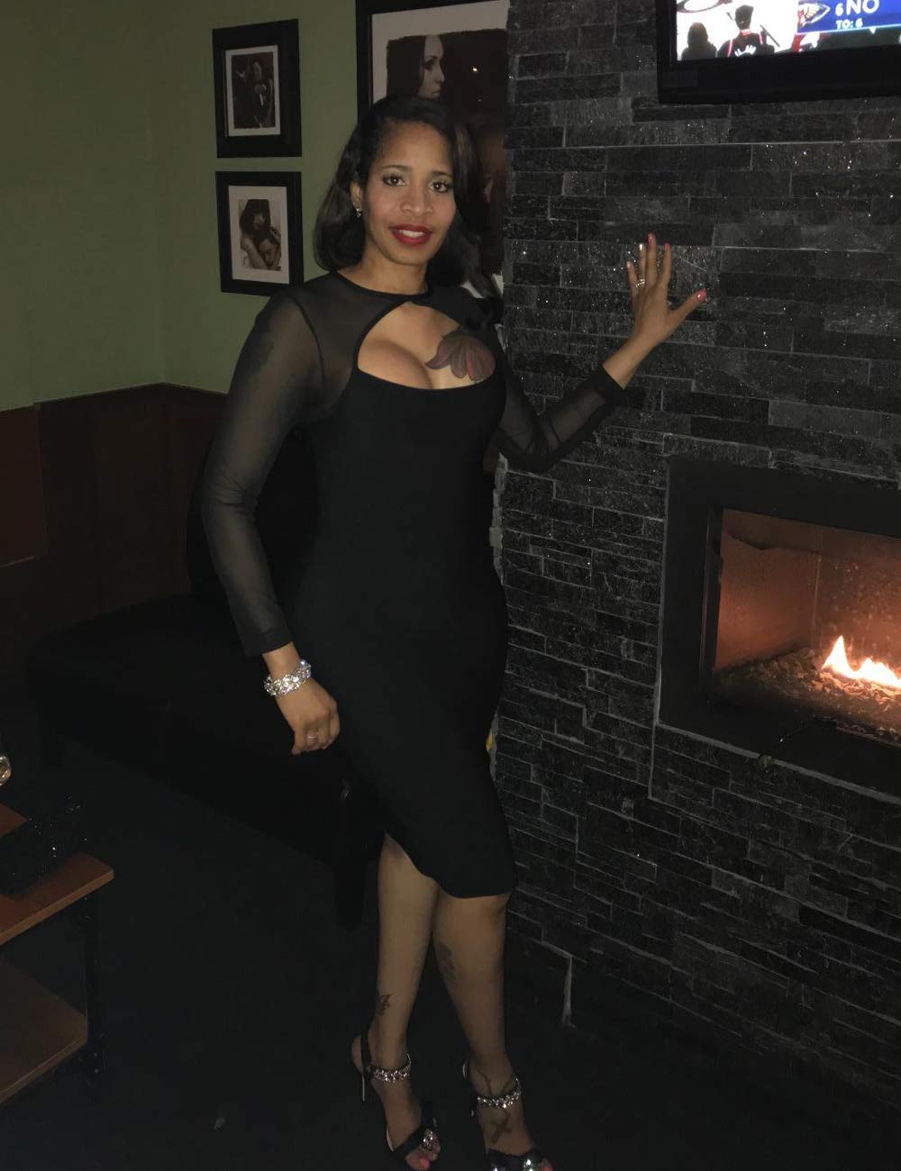 Maketina Women Midi Length Cut Out Keyhole Party Bodycon Bandage Dress with Transparent Long Sleeves Black S