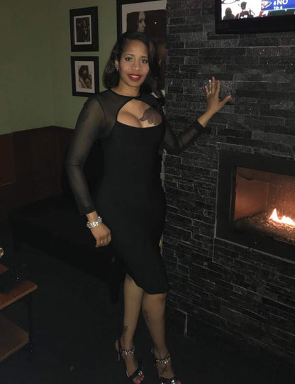 Maketina Women Midi Length Cut Out Keyhole Party Bodycon Bandage Dress with Transparent Long Sleeves Black S