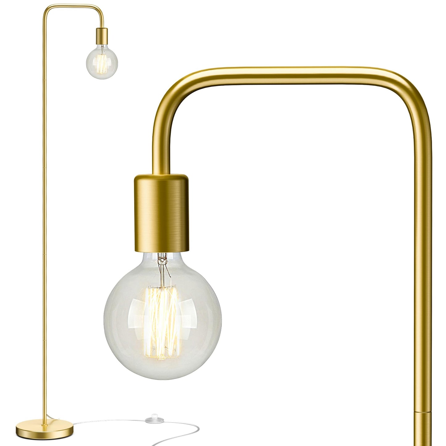 QiMH Industrial Floor Lamp with Light Bulb, Metal Standing Tall Modern Brushed Gold Led Living Room Lamp for Home Decor,Bedroom,Reading,Office(E26 Socket,Foot Switch)