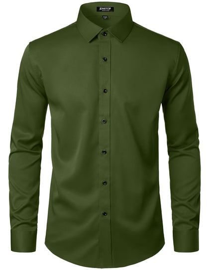 JEMITOP Men's Stretch Wrinkle Free Dress Shirts Formal Wedding Prom Long Sleeve Button Down Shirt Army Green S