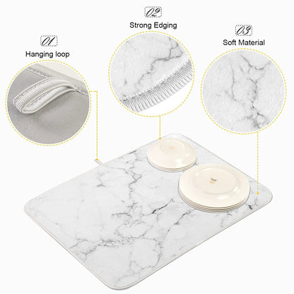 Absorbent Dish Drying Mat for Kitchen Counter - Marble Print Microfiber Drying Pad, Reversible Drainer Mats for Countertop, Large 18 x 24 inch