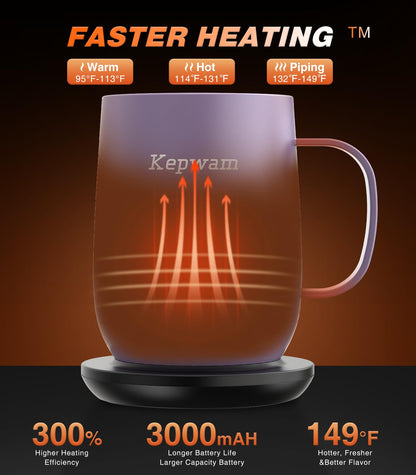 Kepwam Self Heating Coffee Mug T2, 16oz Smart Heated Coffee Mug, 150 Min Battery Life - Hot up to 149℉ Temperature Control Coffee Mug Warmer, Gifts for Dad Mom (No APP)