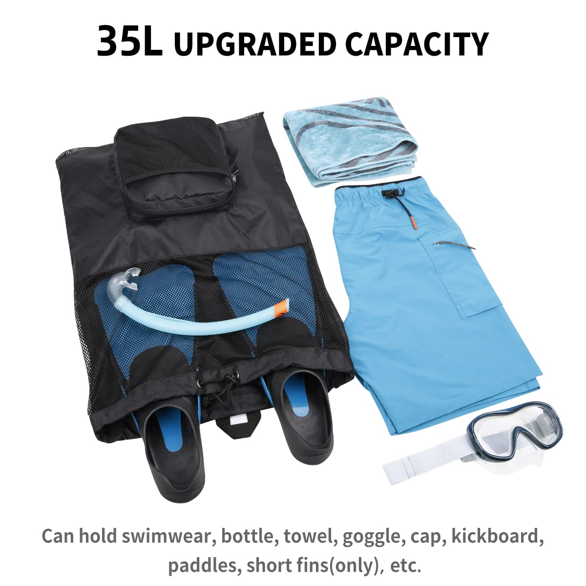 PACEARM Packable Swim Bag, Mesh Swim Drawstring Backpack with 35L Upgraded Capacity & Vented Design, Lightweight Swimmers Mesh Bag for Swimming Gear Snorkeling Equipment (Black)