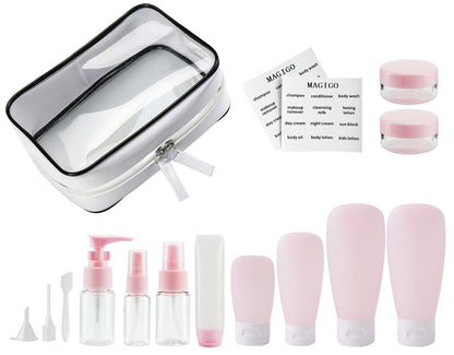 MAGIGO Pink Toiletries Leak Proof Travel Bottle Set (16 Pack), TSA Approved Airline Carry-On with Clear Bags for Women
