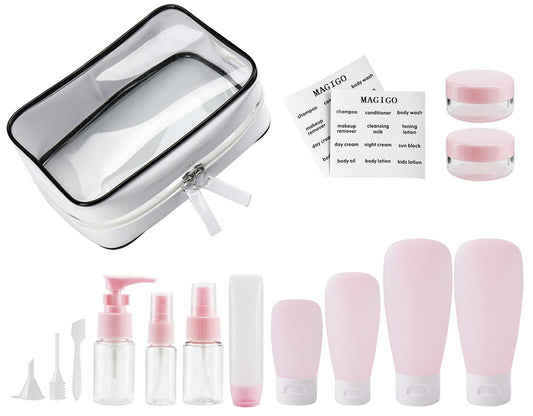 MAGIGO Pink Toiletries Leak Proof Travel Bottle Set (16 Pack), TSA Approved Airline Carry-On with Clear Bags for Women