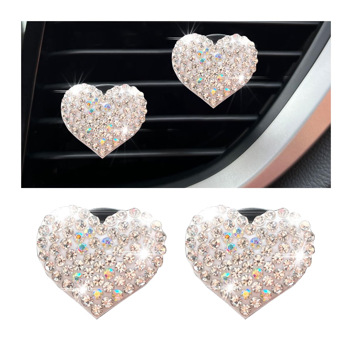 Osilly Car Bling Air Vent Clips, 2 Pcs Bling Heart Charm Air Conditioning Outlet Clip, Crystal Rhinestone Accessories, Sparkly Car Interior Decoration Cute Accessories for Women Girls（White）