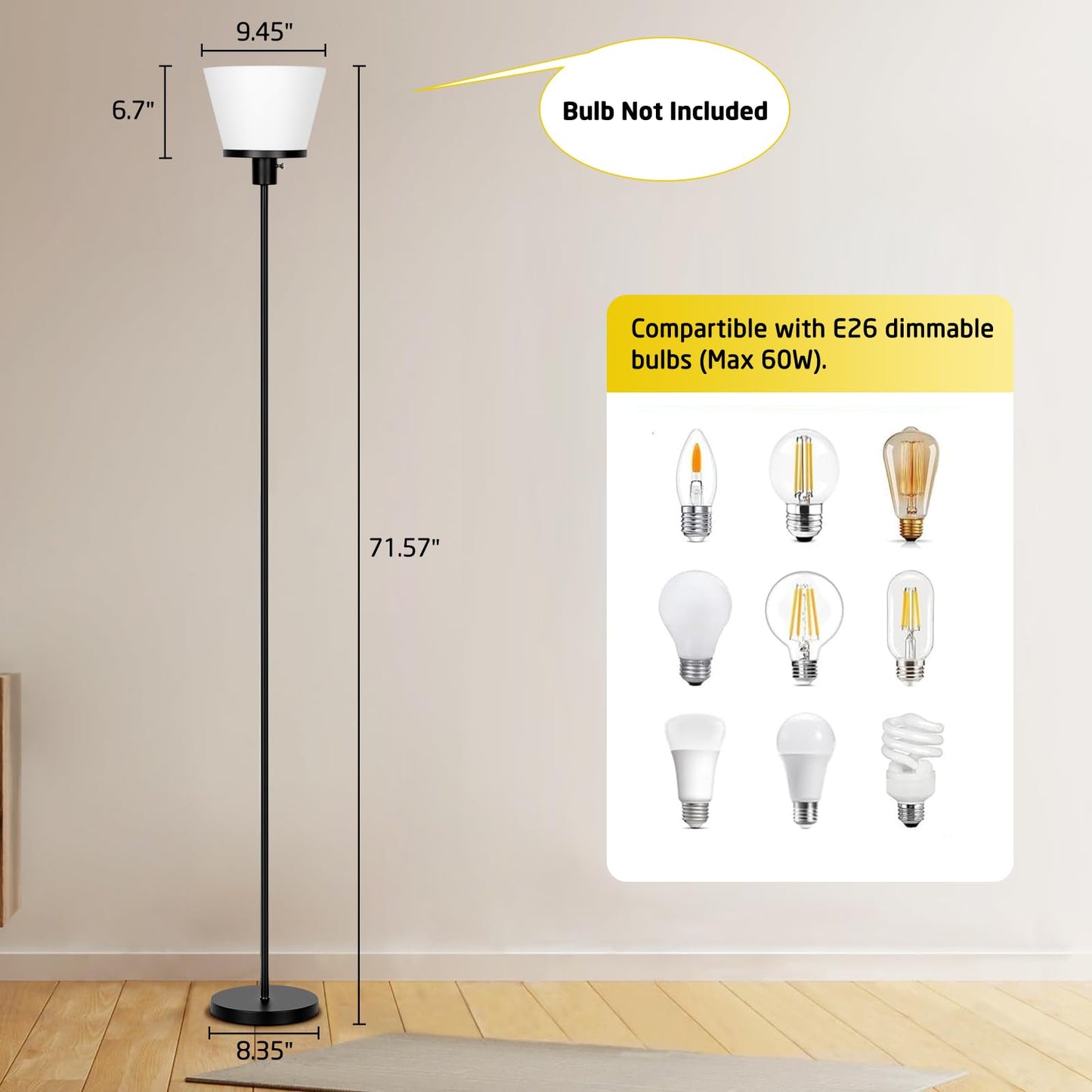 Kukobo LED Floor Lamp Tall Standing Lamp, Black Modern Torchiere Floor Lamps for Bedroom Living Room Office, Bright Floor Lamp with White Plastic Shade, Bulb Not Included.
