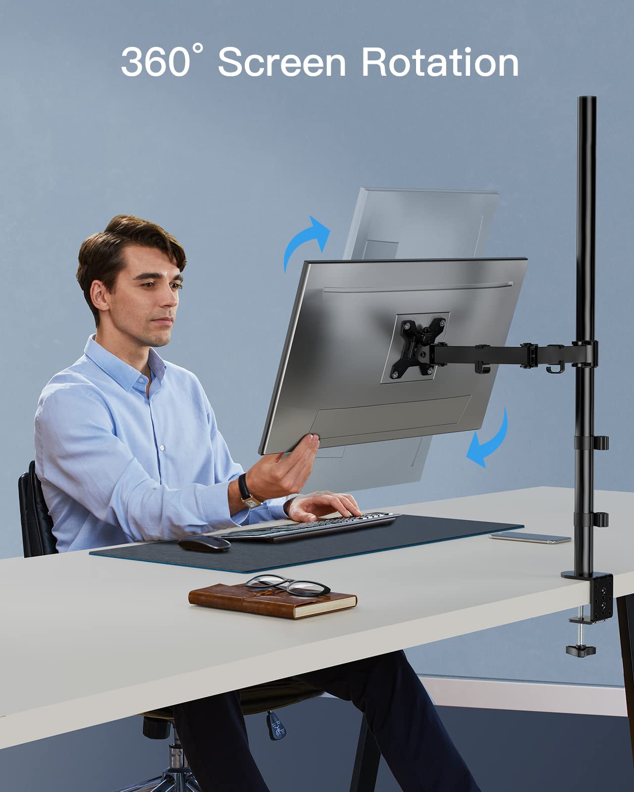 HUANUO Monitor Arm Desk Mount, Fully Adjustable Stand Computer Mount for 13-32 In Screen, Ultra Wide Screen to 38In, Single Extra Tall 39 Inch Monitor Stand Holds up to 22lbs with C Clamp/Grommet Base