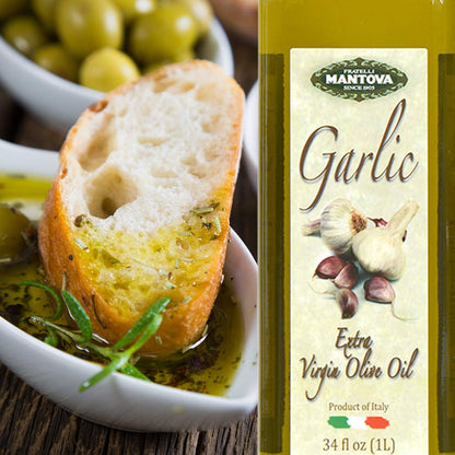 Mantova Garlic Extra Virgin Olive Oil (EVOO) - Cold-Pressed, Premium Quality, Imported from Italy - Perfect for Topping Salads, Vegetables, Pasta Salad, Dipping Italian Bread, or Pan-Frying (Pack of 1)