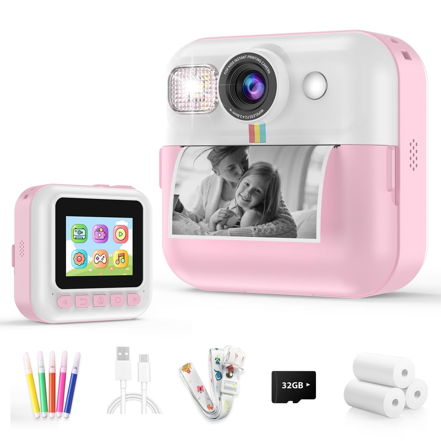 Kids Camera for Girls, 1080P Instant Print Camera, Kids Christmas Birthday Gifts Girls Toys, Children Digital Camera with 32GB Card, Toddler Camera Portable Toys for 3 4 5 6 7 8 9 Year Old Girl Pink