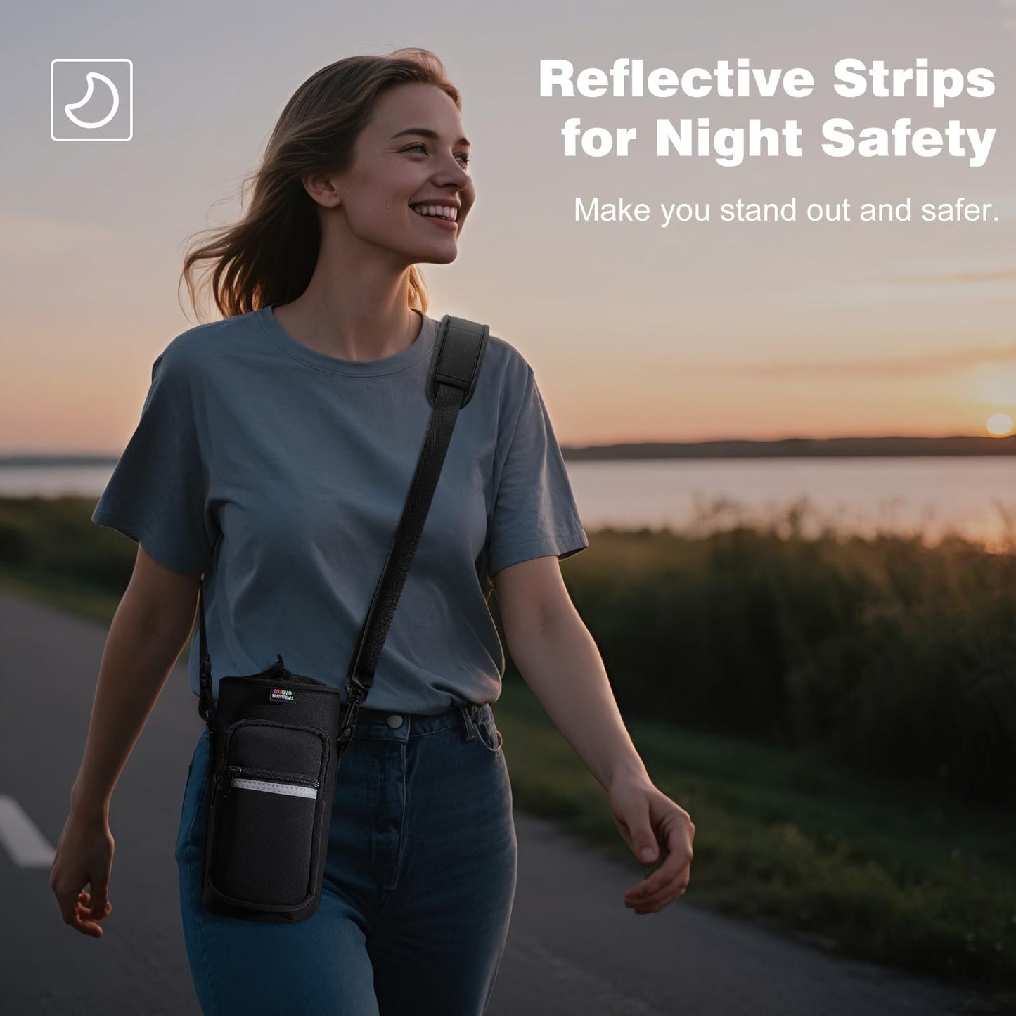 Nuovoware Water Bottle Carrier Bag, 25oz/32oz Bottle Pouch Holder, Adjustable Shoulder Hand Strap 2 Pocket Sling Neoprene Sleeve Sports Accessories for Hiking Travelling Camping, Black