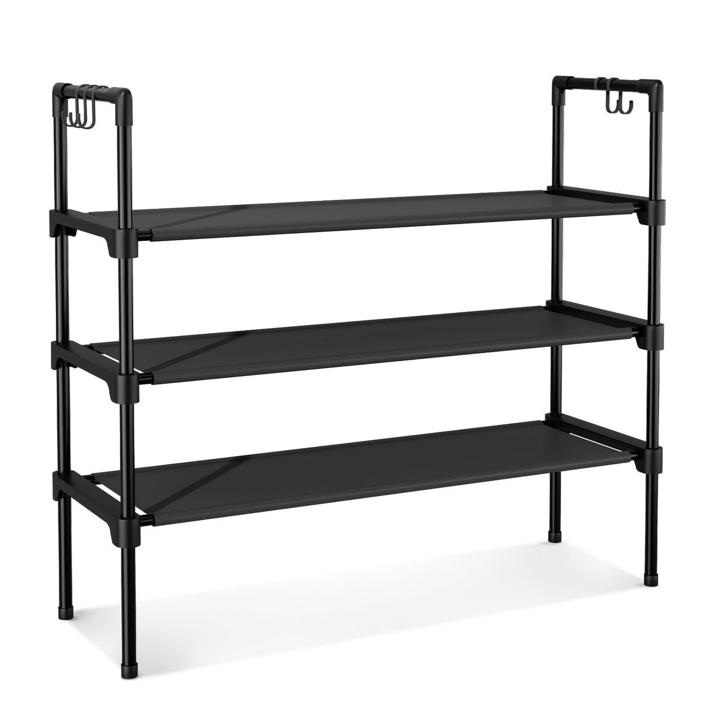 LANTEFUL 3 Tier Shoe Rack for Closet, Shoe Organizer with 5 Hooks, Long Shoe Shelf Storage for Sneaker and Boot Stackable Free Standing Shoe Rack for Entryway, Garage, Small Spaces, Dorm