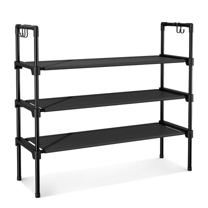 LANTEFUL 3 Tier Shoe Rack for Closet, Shoe Organizer with 5 Hooks, Long Shoe Shelf Storage for Sneaker and Boot Stackable Free Standing Shoe Rack for Entryway, Garage, Small Spaces, Dorm