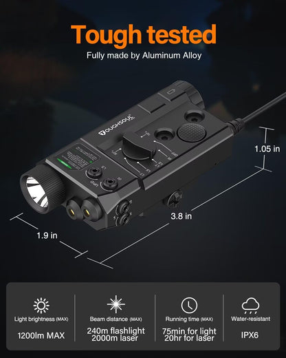 Mlok and Picatinny Mounted Tactical Flashlight Green Laser Infrared(IR) Laser 3 in 1 Combo, 1200 Lumen Light with Remote Pressure Switch for Rifle