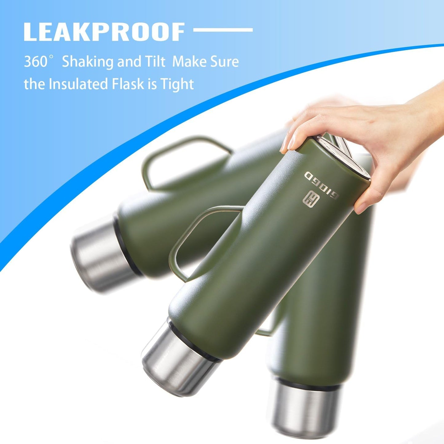 Insulated Vacuum Thermo Bottle 750ml/25.4oz with Cup Stainless Steel Coffee Bottles for Hot and Cold Drink Water Flask.(Green, with Handle, 750ml)