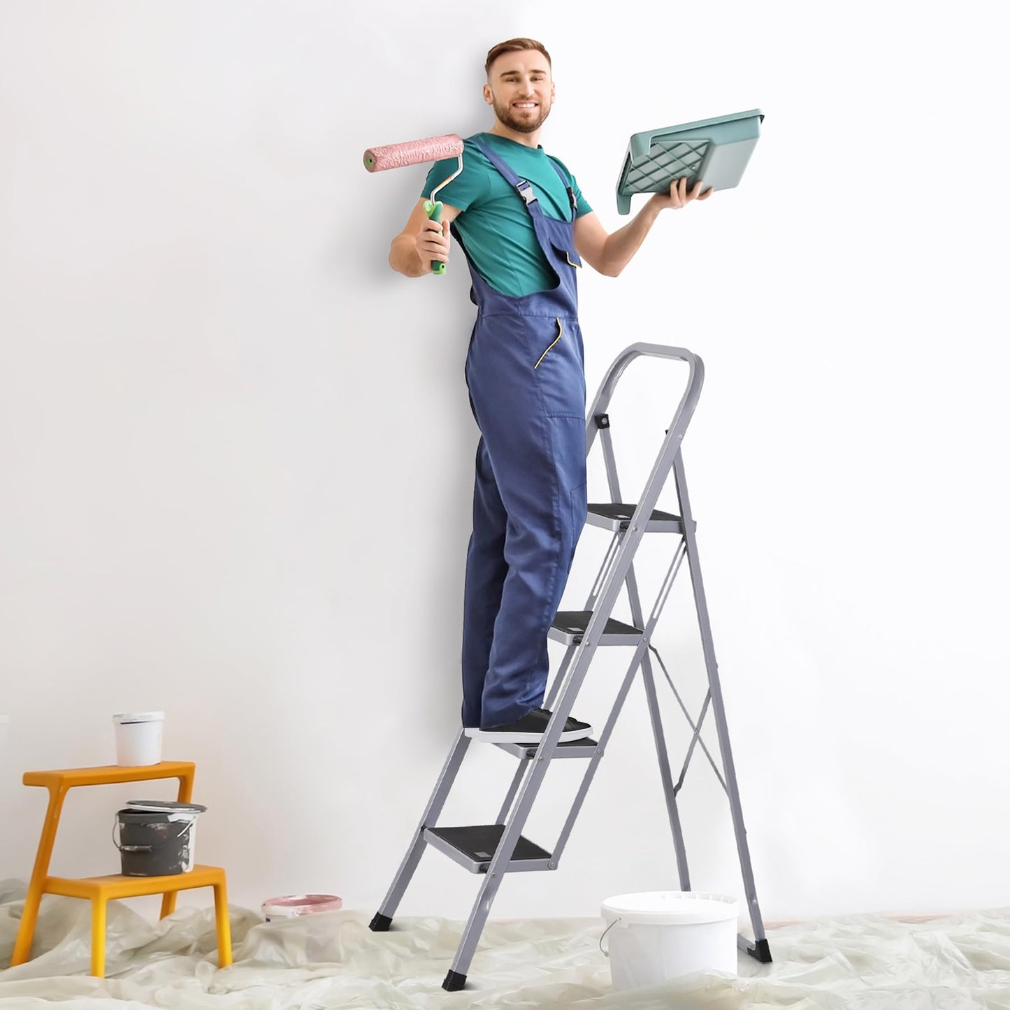 JungleA Step Ladder, Folding 4 Step Stool Ladder for Adult, w/Wide Anti-Slip Pedal, 330 lbs Load Capacity, Foldable Portable Sturdy Lightweight Tall Ladder for Closet, Kitchen, Office & Home, Grey