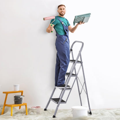 JungleA Step Ladder, Folding 4 Step Stool Ladder for Adult, w/Wide Anti-Slip Pedal, 330 lbs Load Capacity, Foldable Portable Sturdy Lightweight Tall Ladder for Closet, Kitchen, Office & Home, Grey