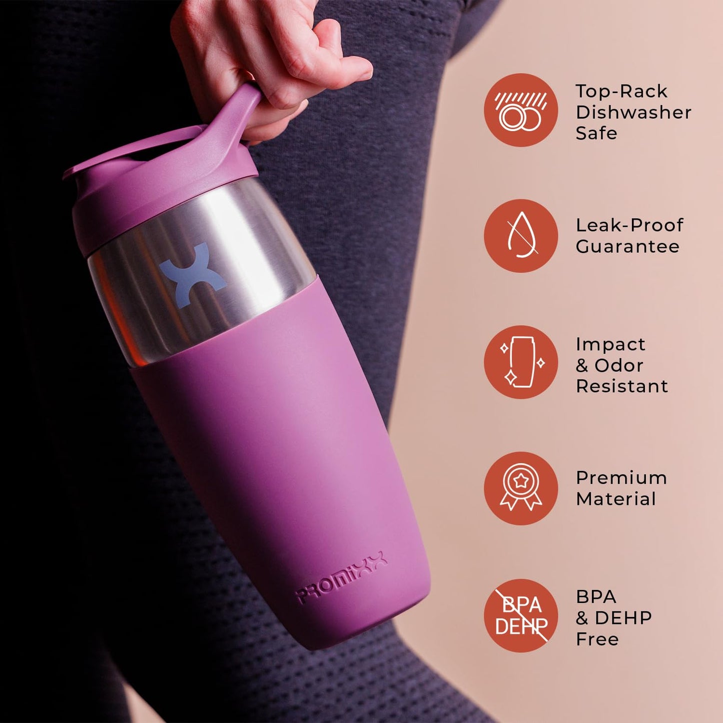 Promixx Pursuit Shaker Bottle - Single-Wall Stainless Steel Protein Shaker Bottle, Super Smooth Shakes, 32oz, Mulberry