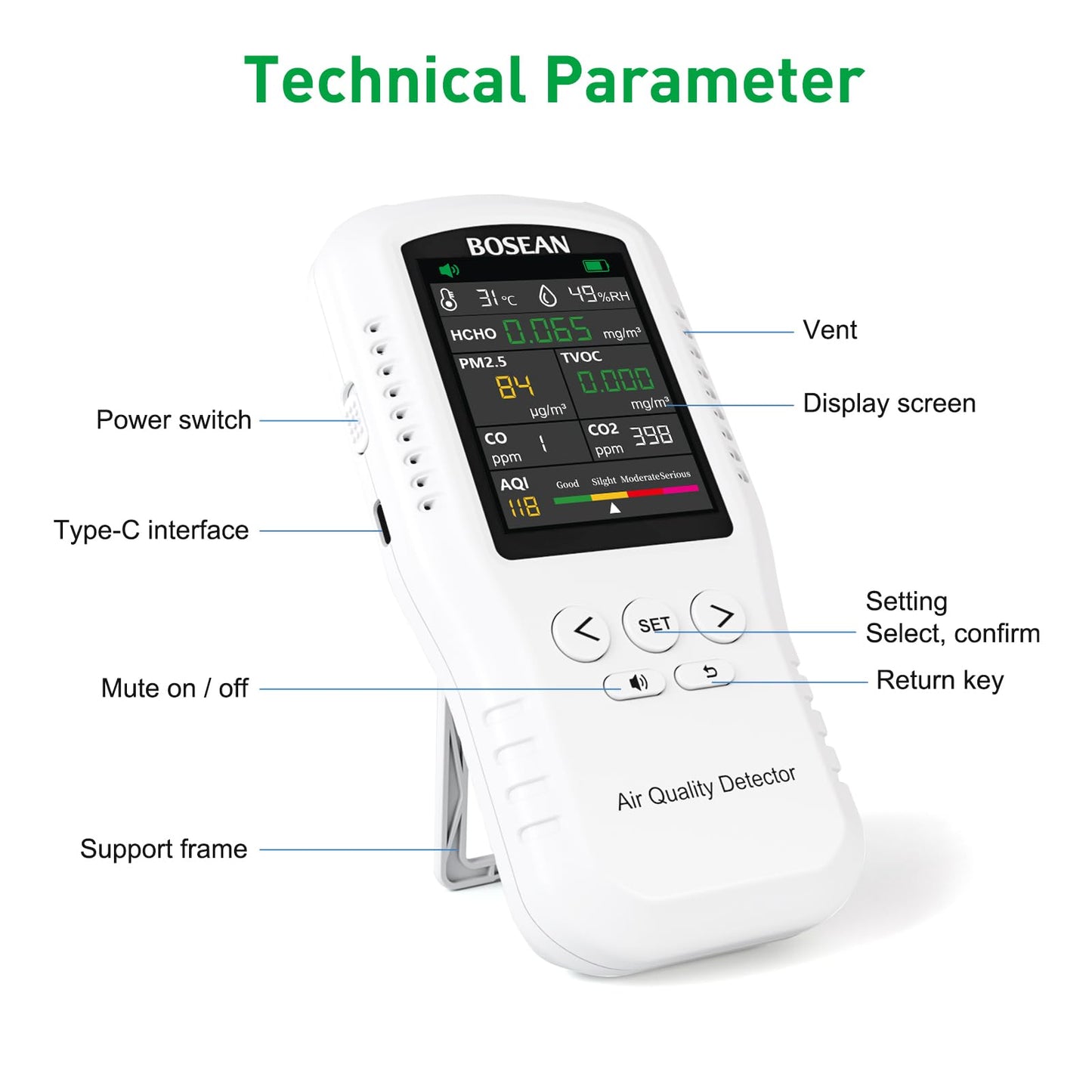 8-in-1 Indoor Air Quality Monitor, Formaldehyde Detector, Temperature & Humidity Meter, Sensor, Tester Detect PM2.5, CO, CO2, HCHO,TVOC,AQI Micron Dust, Home Air Test Kits