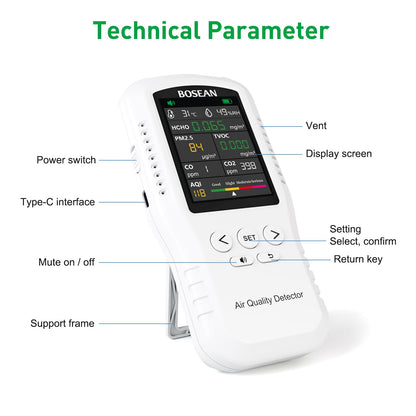 8-in-1 Indoor Air Quality Monitor, Formaldehyde Detector, Temperature & Humidity Meter, Sensor, Tester Detect PM2.5, CO, CO2, HCHO,TVOC,AQI Micron Dust, Home Air Test Kits