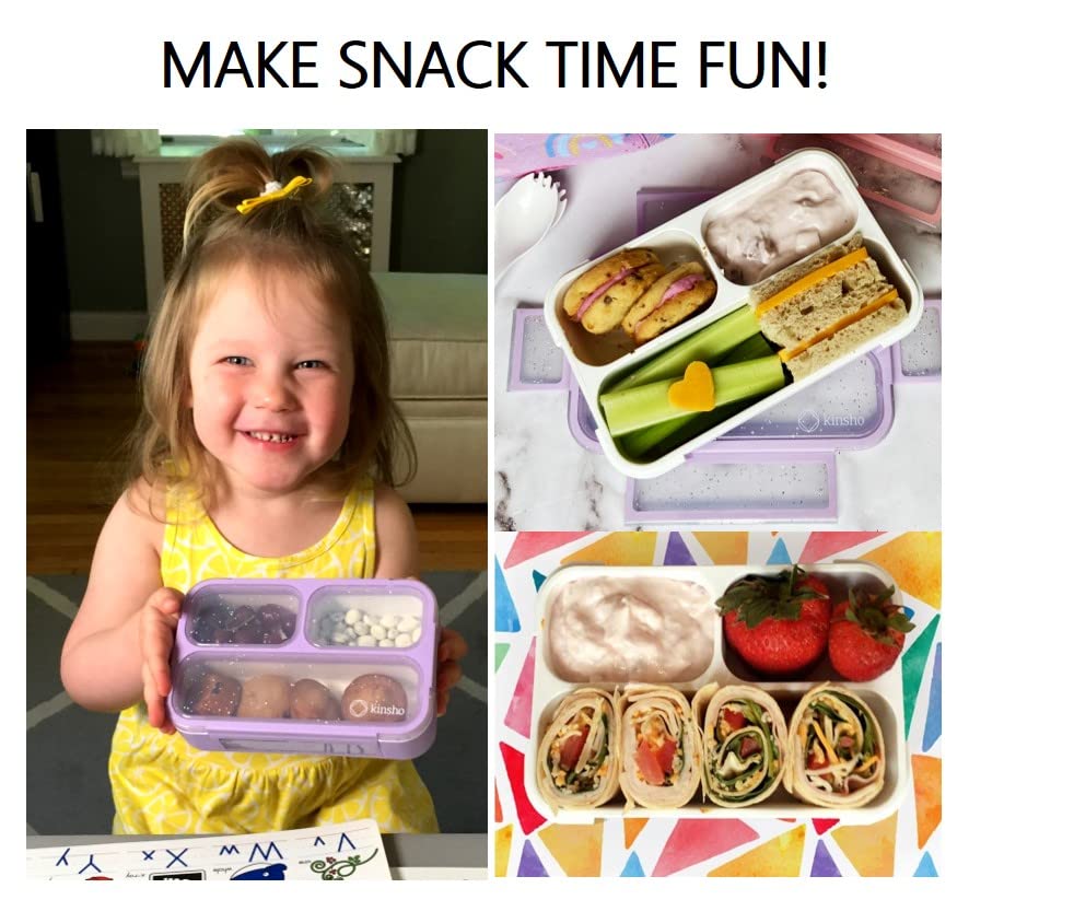 Kids Glitter Snack Container - Mini Bento Lunch-Box, Small Leakproof Container Boxes for Toddlers Girls Snacks Lunches, 3 Compartment - School Daycare Portion Containers, Pink Purple Sparkle Set of 2