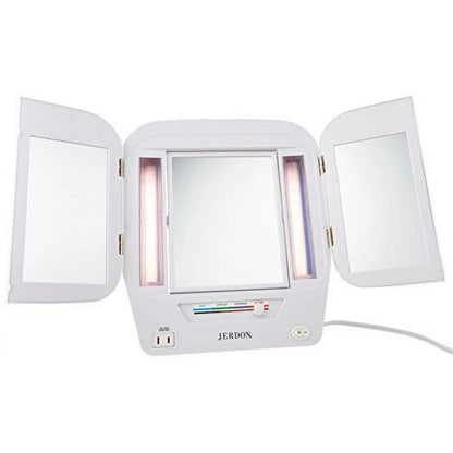 JERDON Modern Tri-Fold Makeup Mirror with Lights - Vanity Mirror with 5X Magnification & Multiple Light Settings - White Base - Model JGL10W