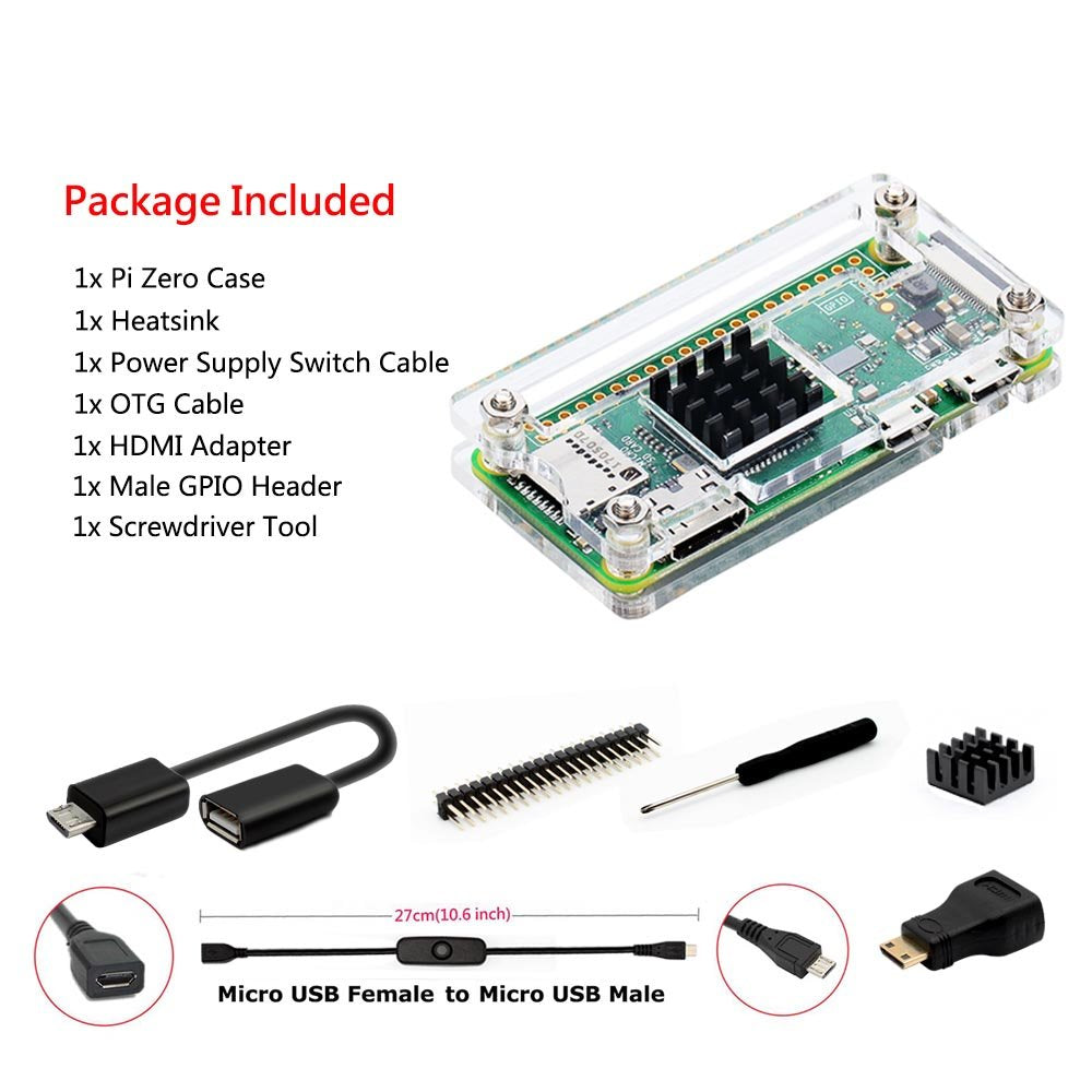 iUniker Raspberry Pi Zero Case, Case for Raspberry Pi Zero 2 w, with Heatsink, HDMI Adapter, OTG Cable, Header, ScrewDriver, Power Switch for Pi Zero 2 w/w (Clear)