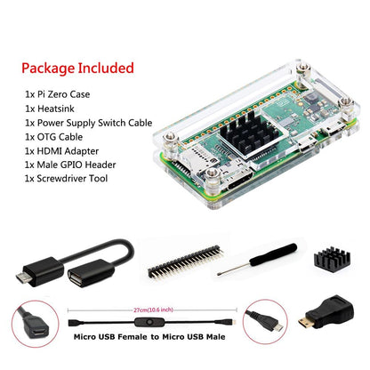 iUniker Raspberry Pi Zero Case, Case for Raspberry Pi Zero 2 w, with Heatsink, HDMI Adapter, OTG Cable, Header, ScrewDriver, Power Switch for Pi Zero 2 w/w (Clear)
