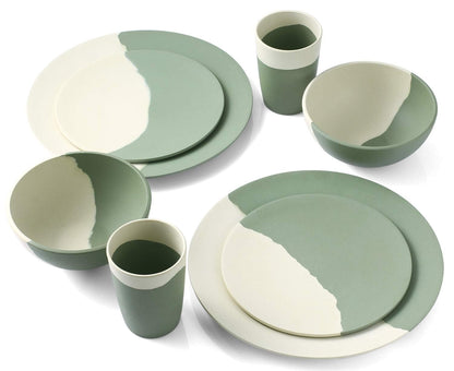 MORGIANA 8 pcs Bamboo Dinnerware Set Reusable Plates Bowls Sets, Camping Picnic Dishes Tableware Set for 2 (Green & White)
