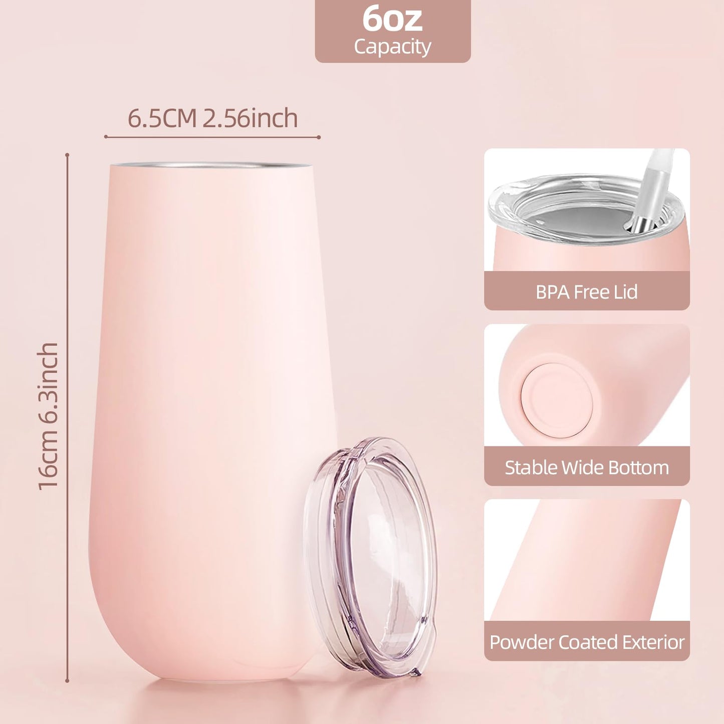 Lifecapido 6-Pack Stemless Insulated Tumblers, 6oz Stainless Steel Unbreakable Champagne Flute Tumbler for Wedding, Christmas, Bride Shower