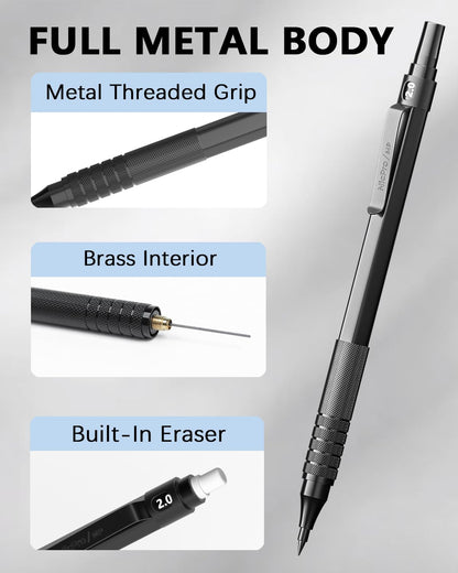 Nicpro Black Metal 2.0 Mechanical Pencil Set with Case, 3 PCS Drafting Lead Holder with 2mm Graphite Lead Refill (HB 2H 4H 2B 4B) & Colors, Sharpeners, Erasers for Artist Writing, Drawing, Sketching