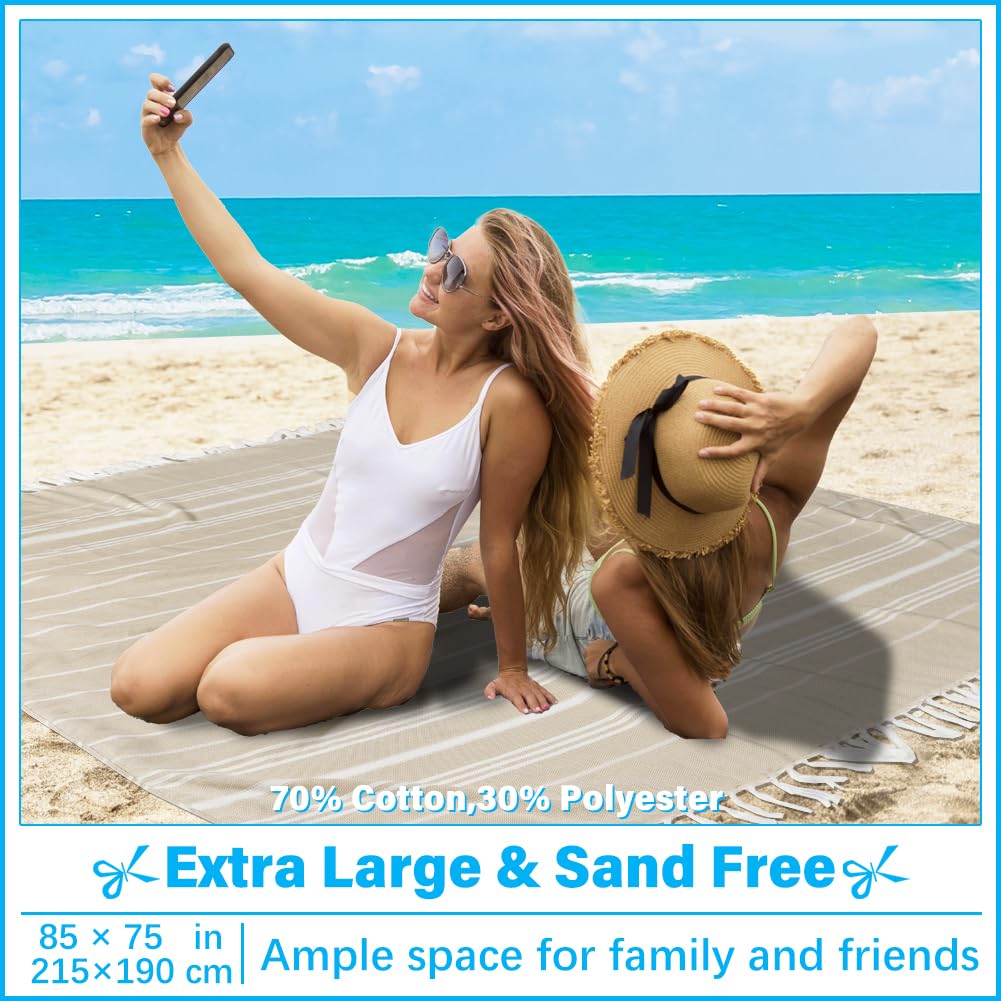 Oversized Turkish Beach Towel Blanket XXL Cotton Sandproof Towels Boho Woven Extra Large Big Sand Free Giant Throw Thick Blankets Huge Quilt XL Picnic Camping Necessities Cloud For Adult Gifts Beige